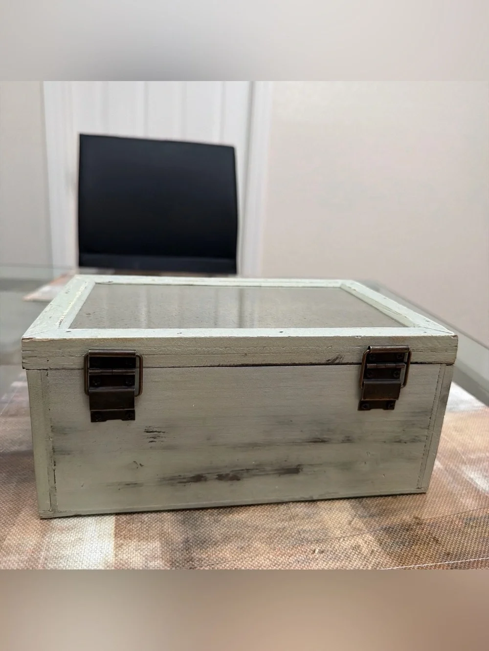 Distressed White Glass-Top Jewelry Box with Vintage Latch